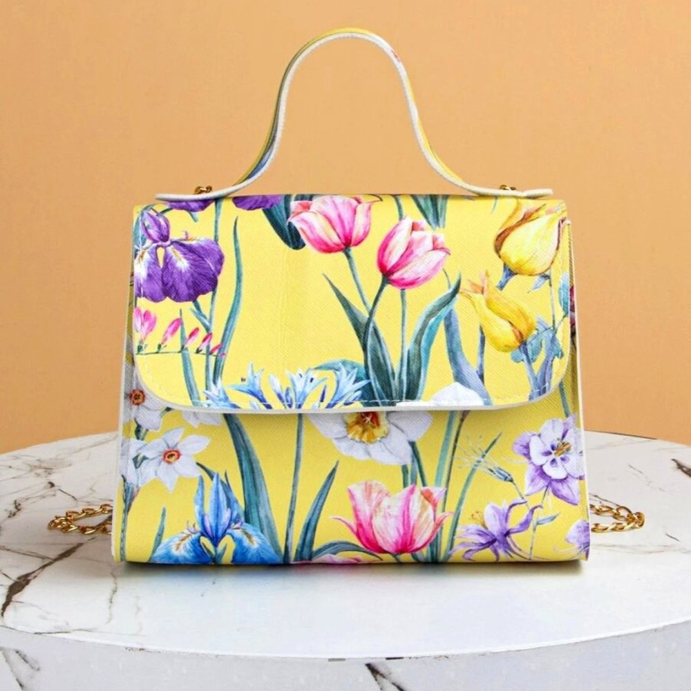 Women's Handbag Yellow Floral Purse with Top Handle and Gold Chain